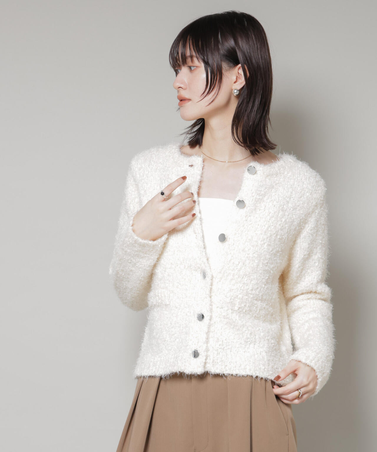 チュールシャギークルーネックニットカーディガン 6735222348