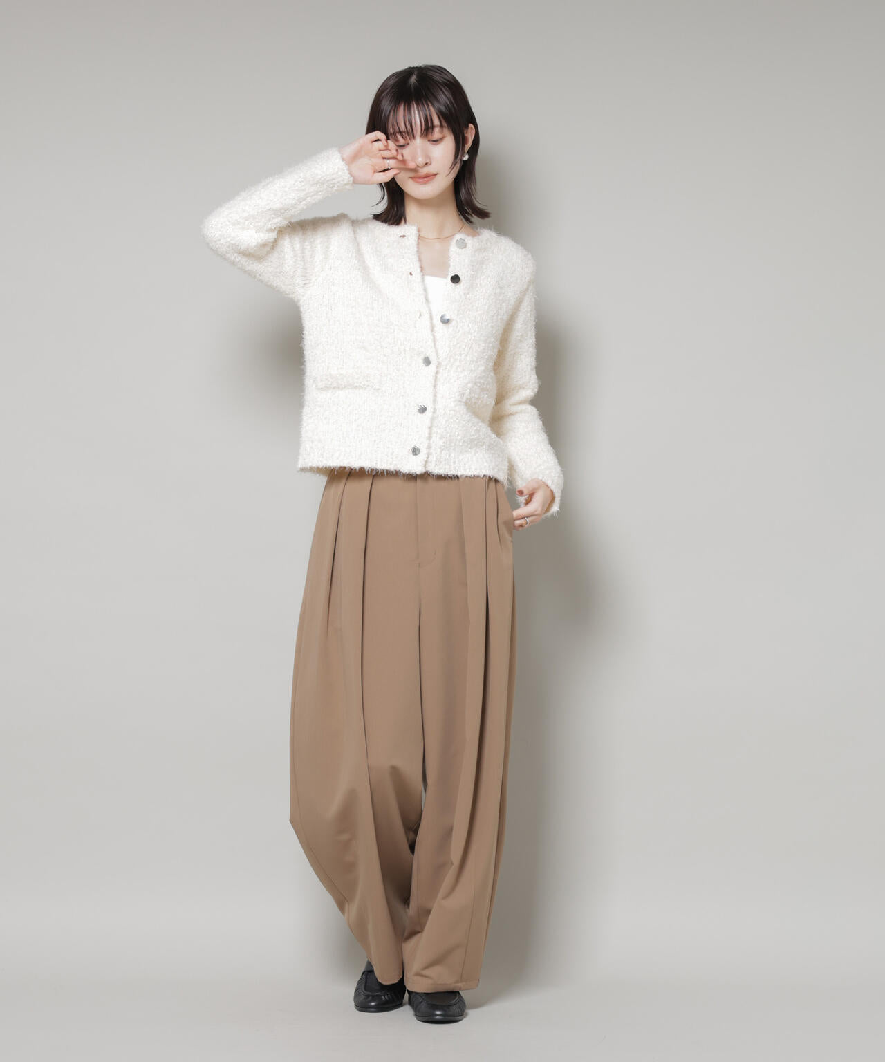 チュールシャギークルーネックニットカーディガン 6735222348