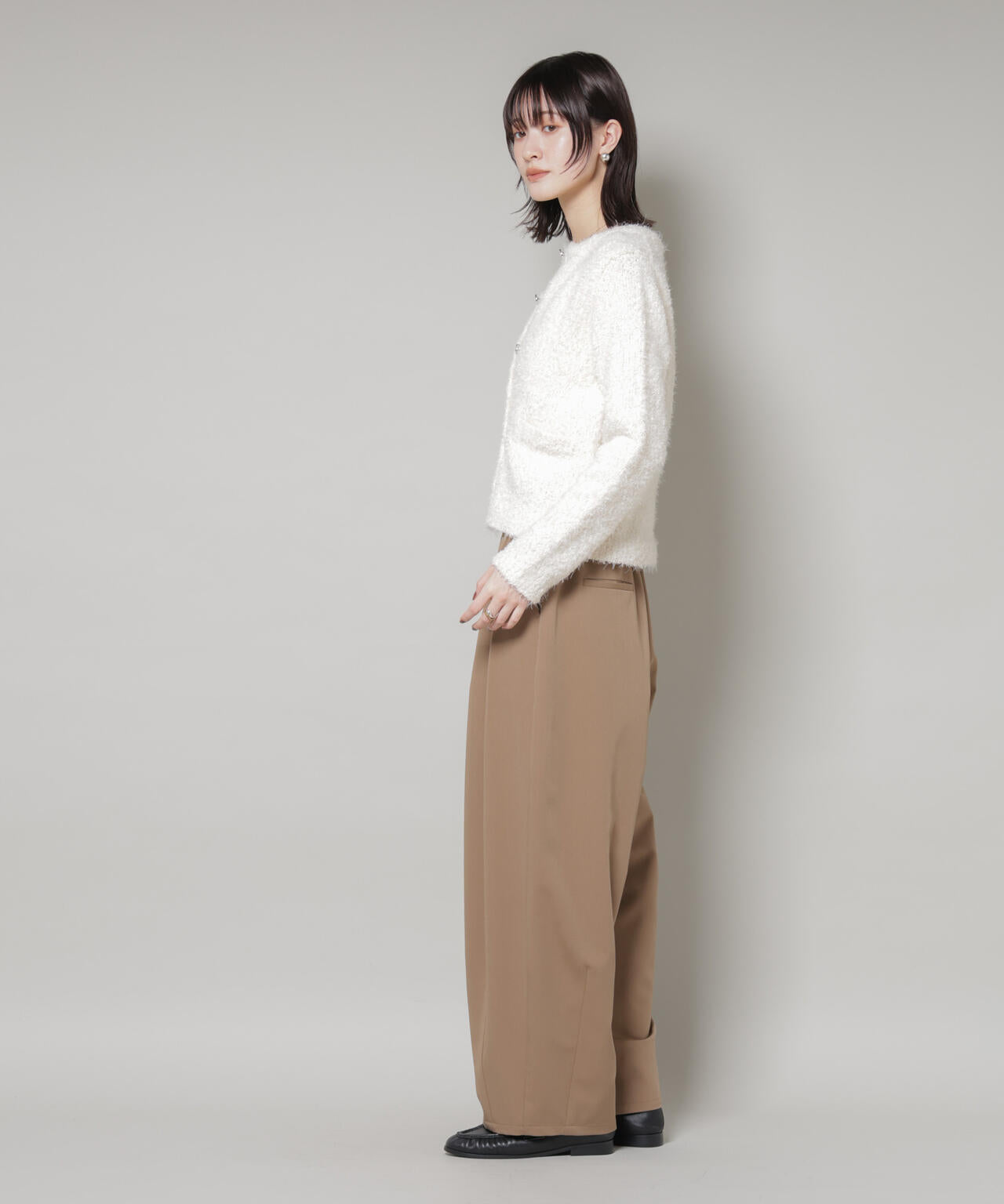 チュールシャギークルーネックニットカーディガン 6735222348