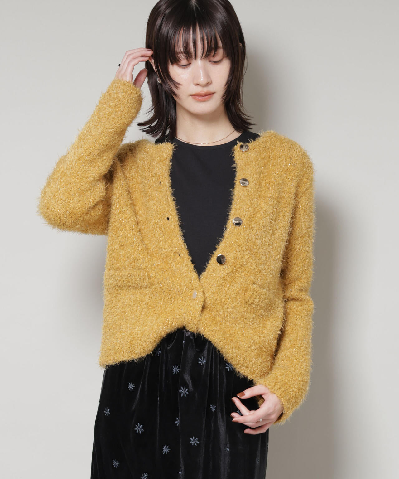 チュールシャギークルーネックニットカーディガン 6735222348