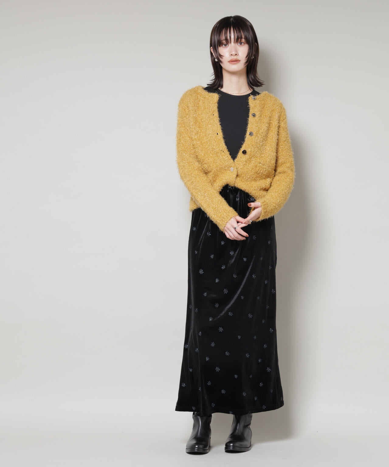 チュールシャギークルーネックニットカーディガン 6735222348