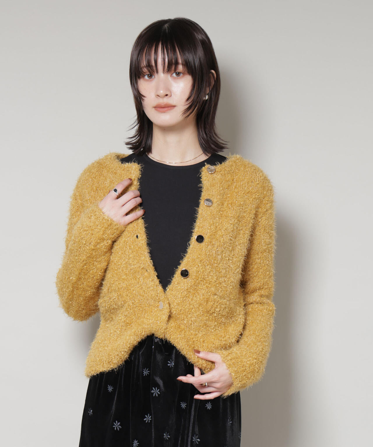 チュールシャギークルーネックニットカーディガン 6735222348