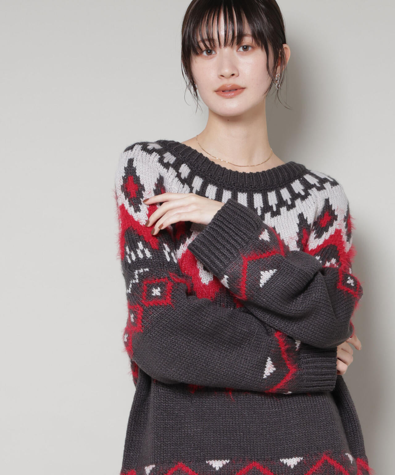 シャギーミックス求心柄ニットトップス 6735222350