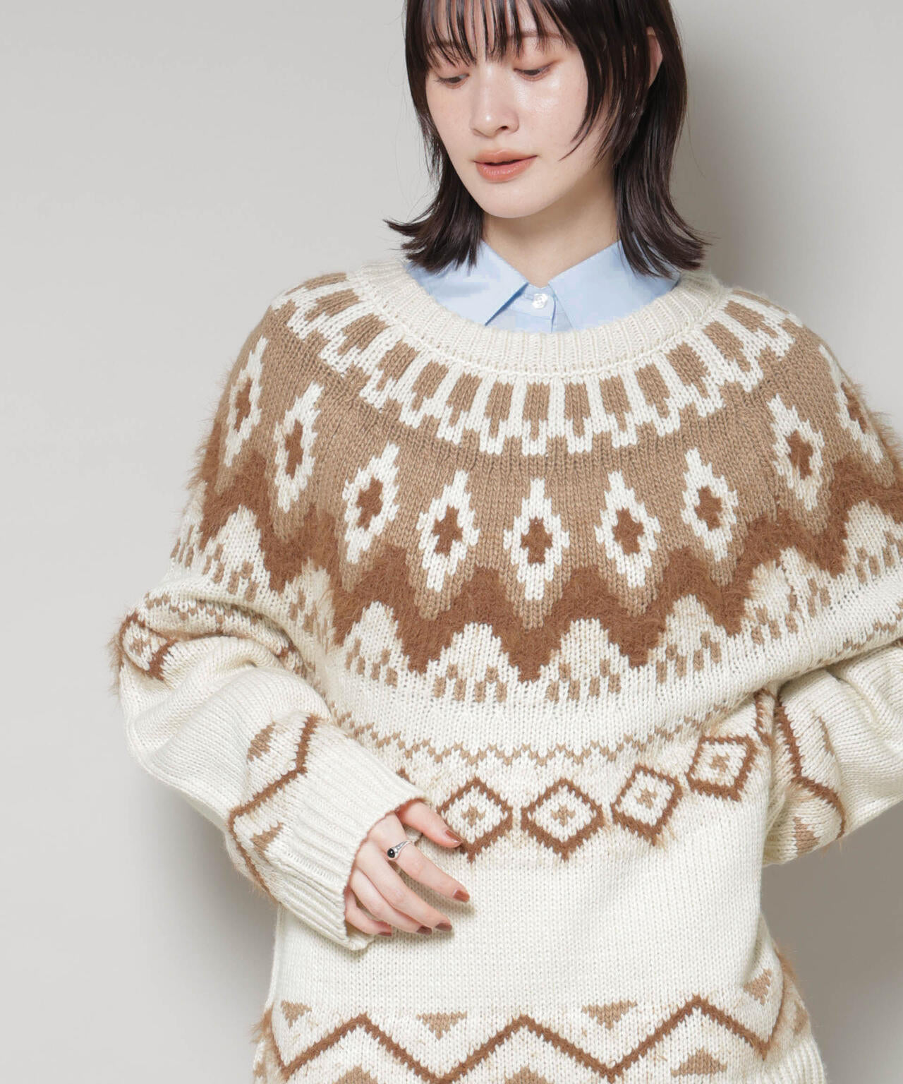 シャギーミックス求心柄ニットトップス 6735222350