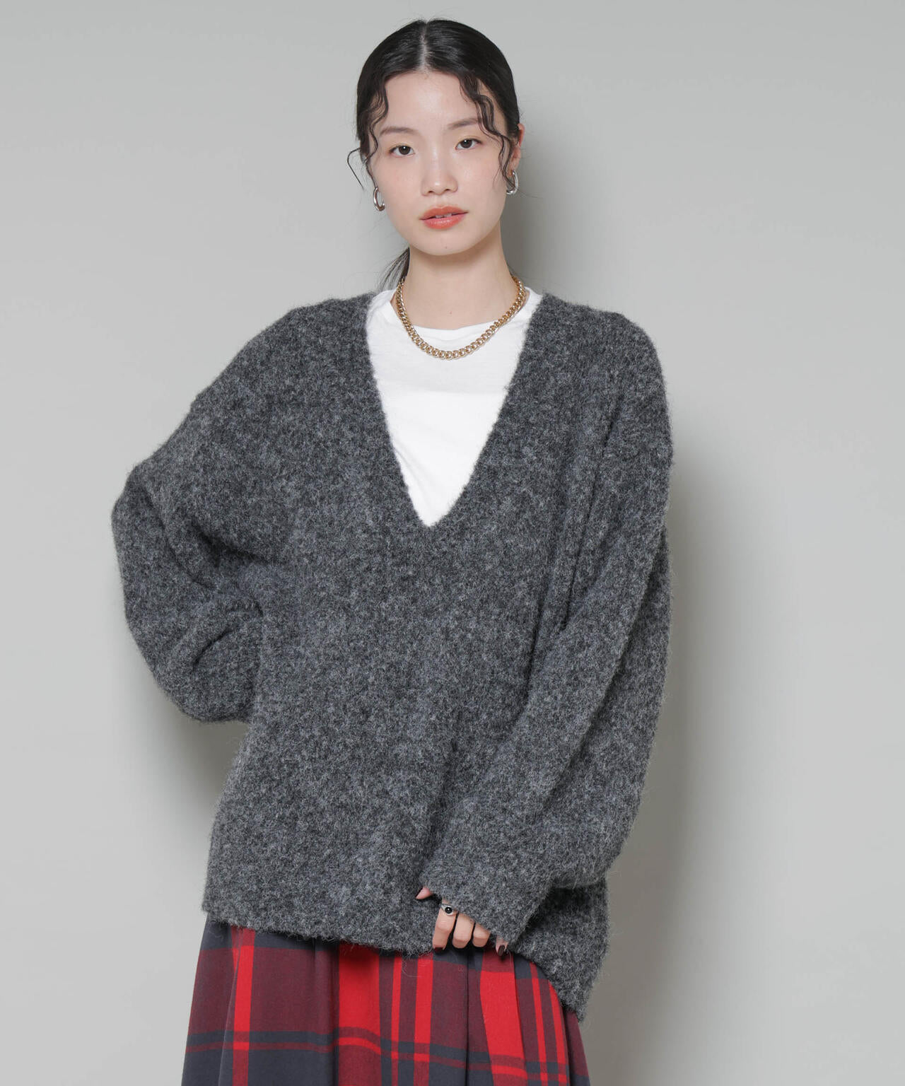 深Vネックオーバーニットプルオーバー 6735222351
