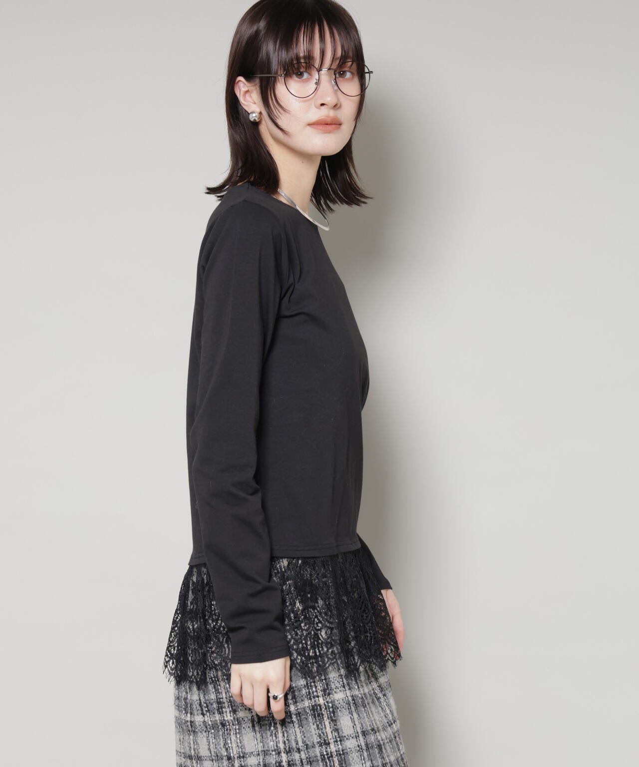裾レースドッキングロングTシャツ 6735223319