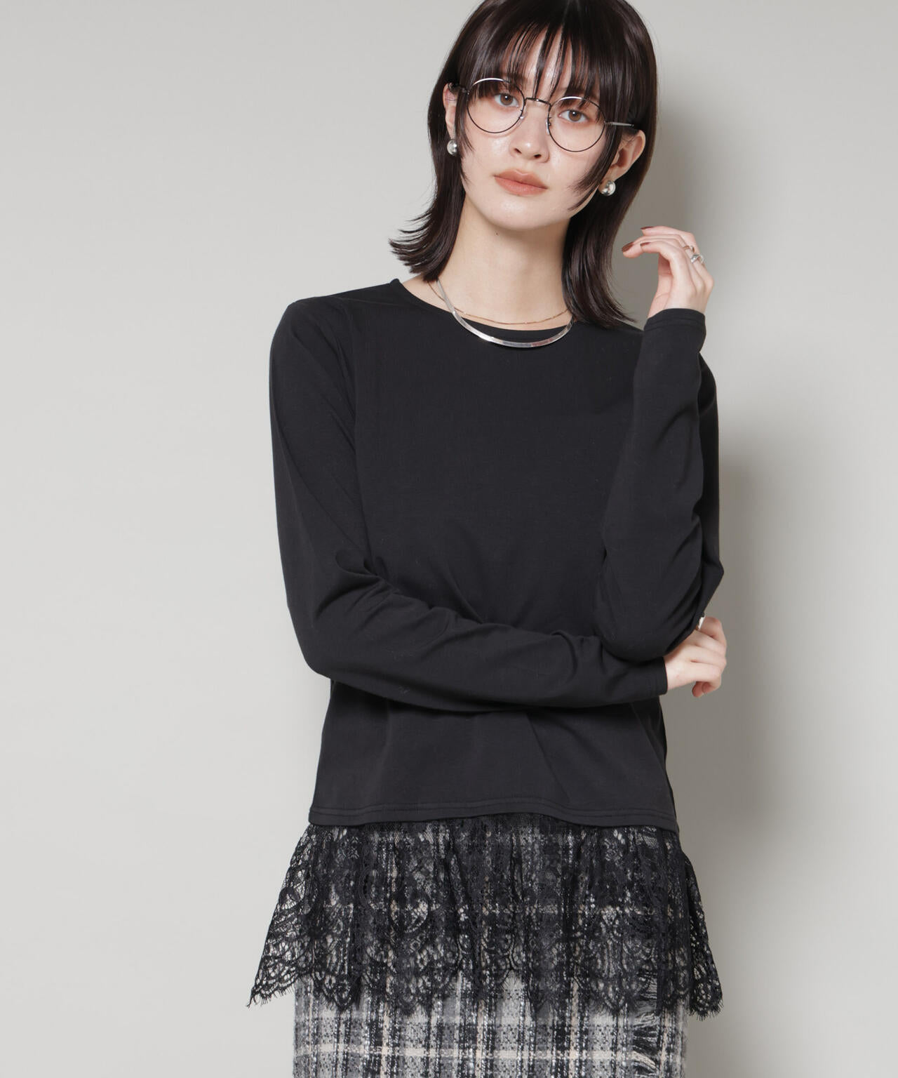 裾レースドッキングロングTシャツ 6735223319