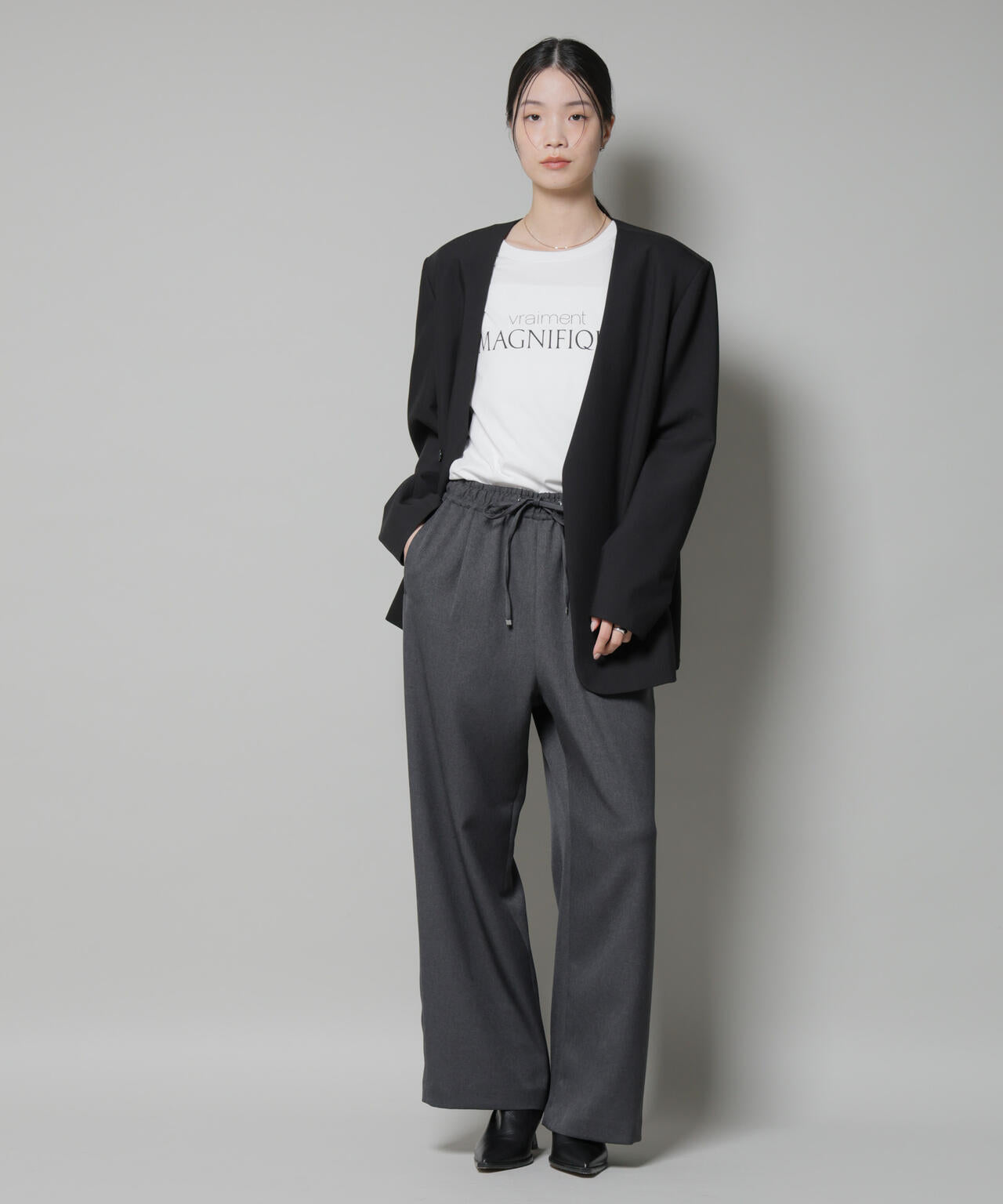 ウールライクポリエステルサイドライン切り替えドロストパンツ(セットアップ可) 6735227317