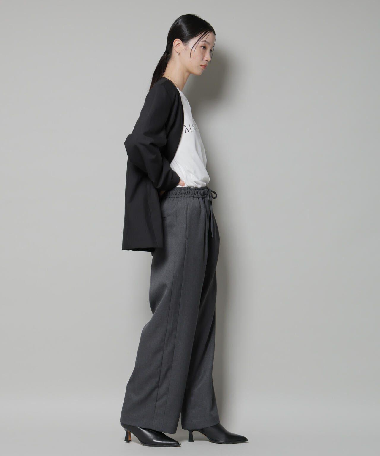 ウールライクポリエステルサイドライン切り替えドロストパンツ(セットアップ可) 6735227317