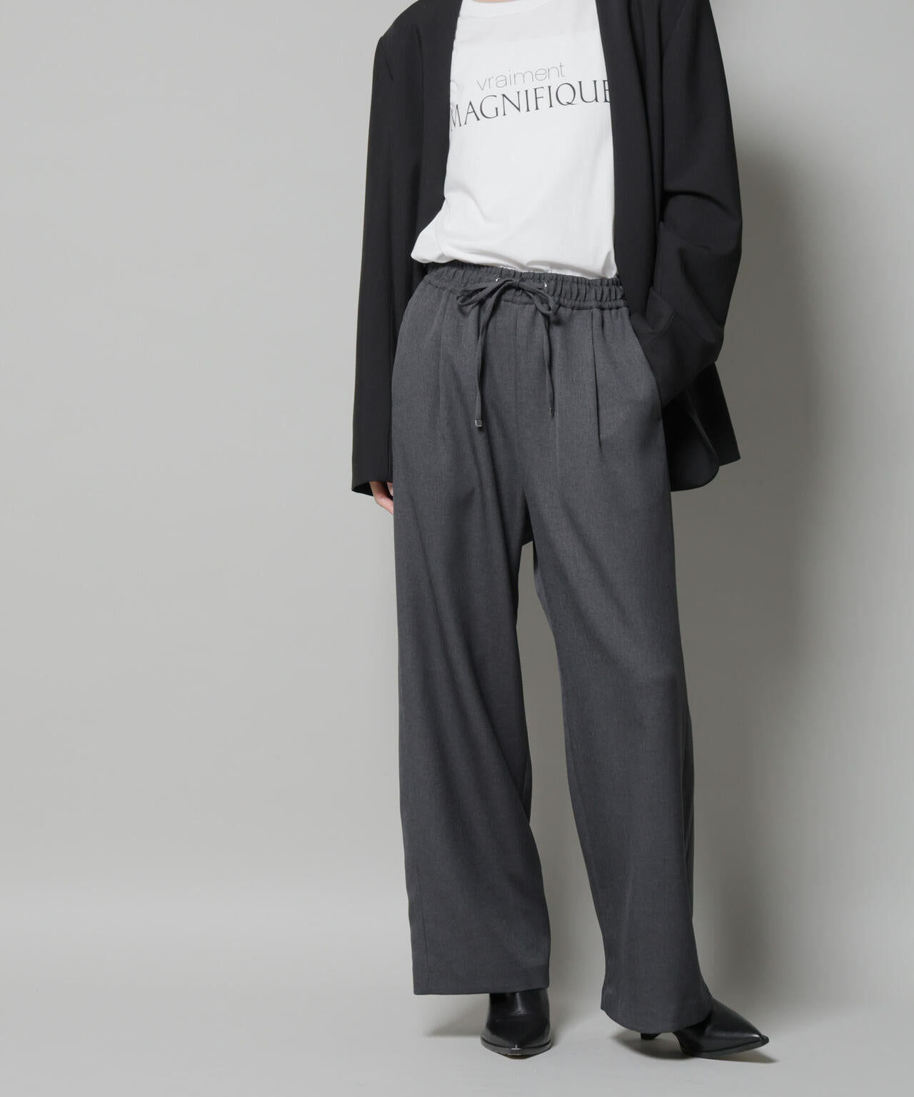 ウールライクポリエステルサイドライン切り替えドロストパンツ(セットアップ可)