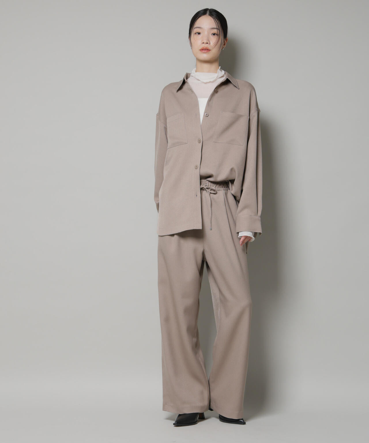 ウールライクポリエステルサイドライン切り替えドロストパンツ(セットアップ可) 6735227317