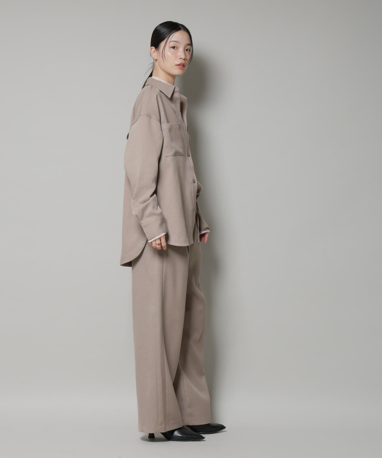 ウールライクポリエステルサイドライン切り替えドロストパンツ(セットアップ可) 6735227317