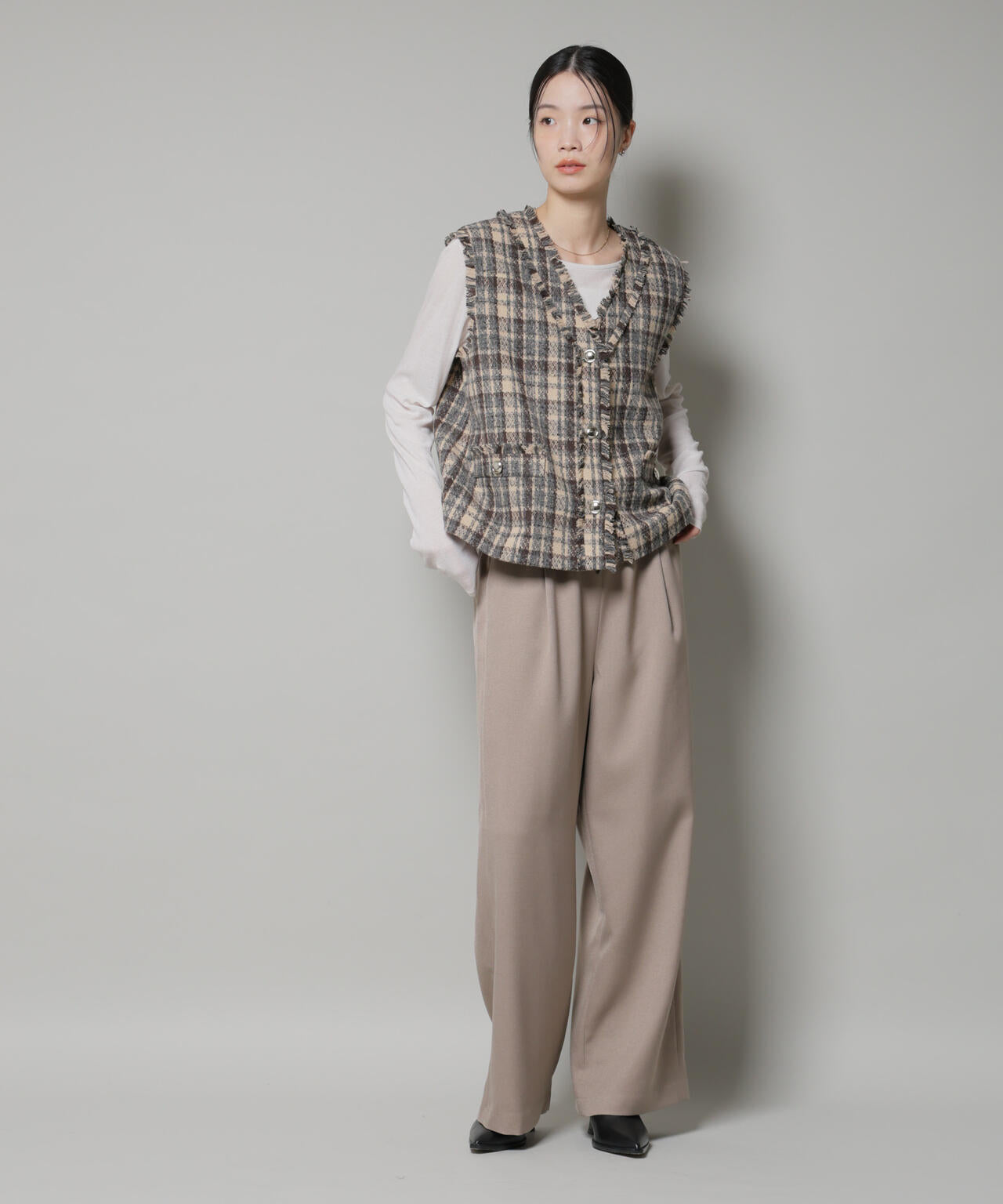 ウールライクポリエステルサイドライン切り替えドロストパンツ(セットアップ可) 6735227317