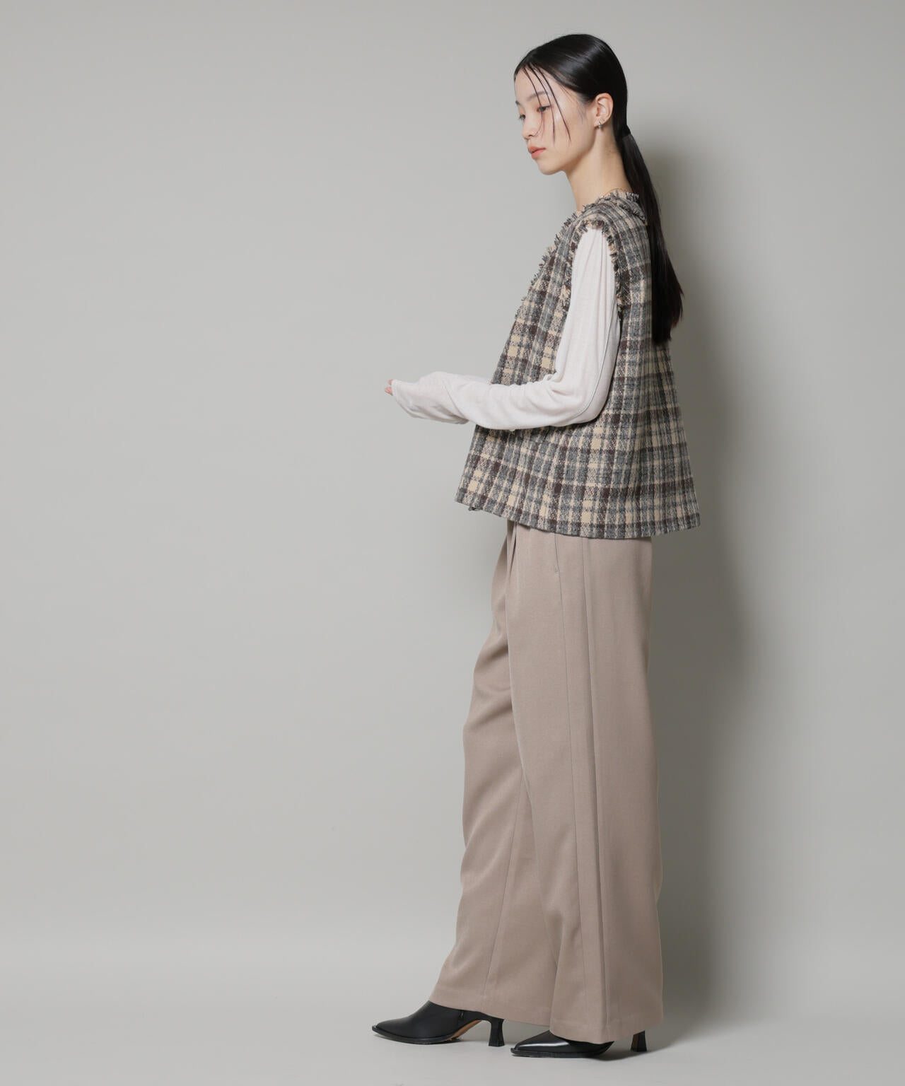 ウールライクポリエステルサイドライン切り替えドロストパンツ(セットアップ可) 6735227317