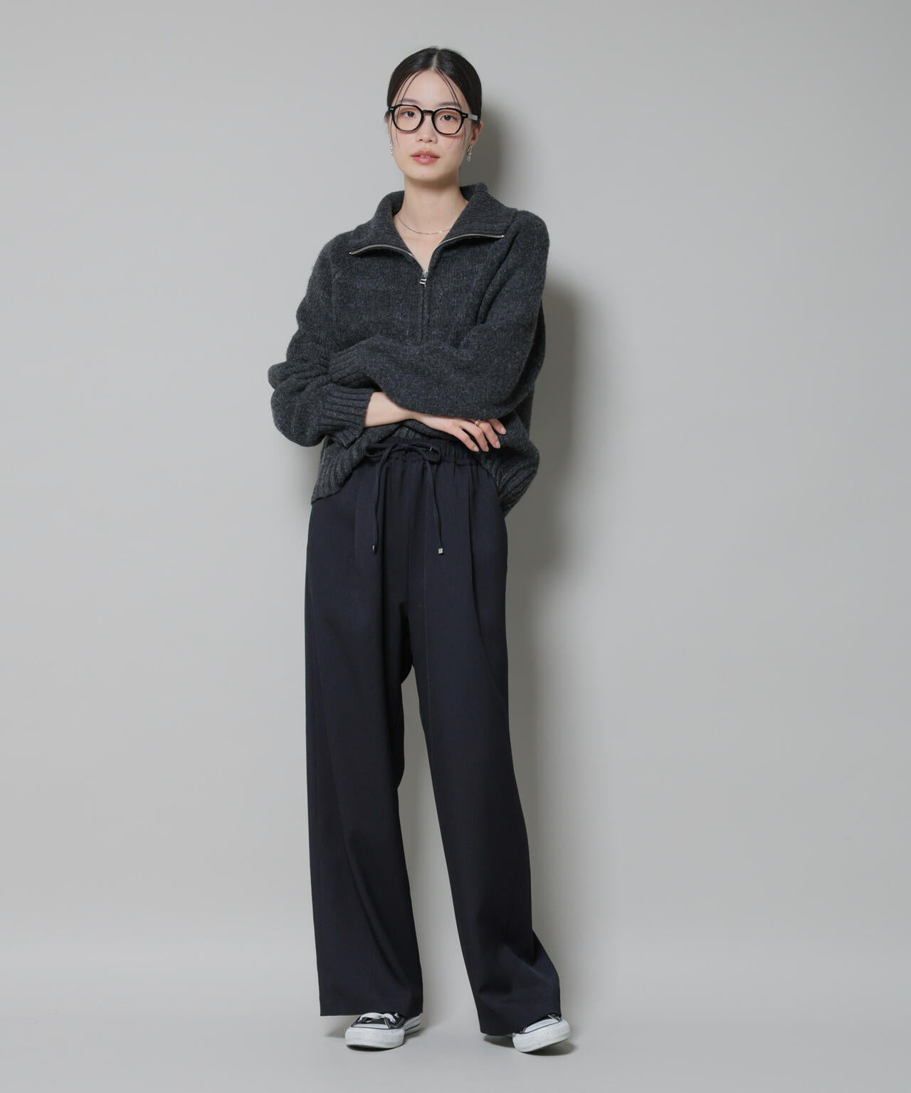 ウールライクポリエステルサイドライン切り替えドロストパンツ(セットアップ可) 6735227317