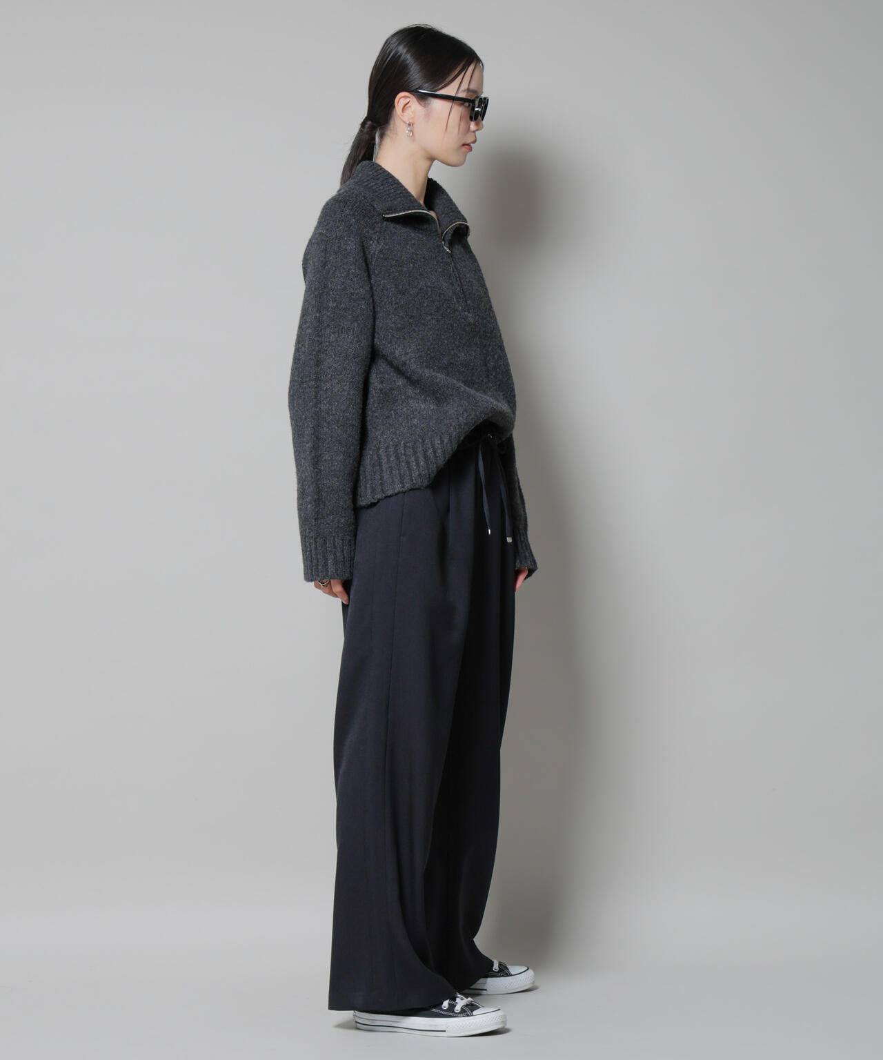 ウールライクポリエステルサイドライン切り替えドロストパンツ(セットアップ可) 6735227317