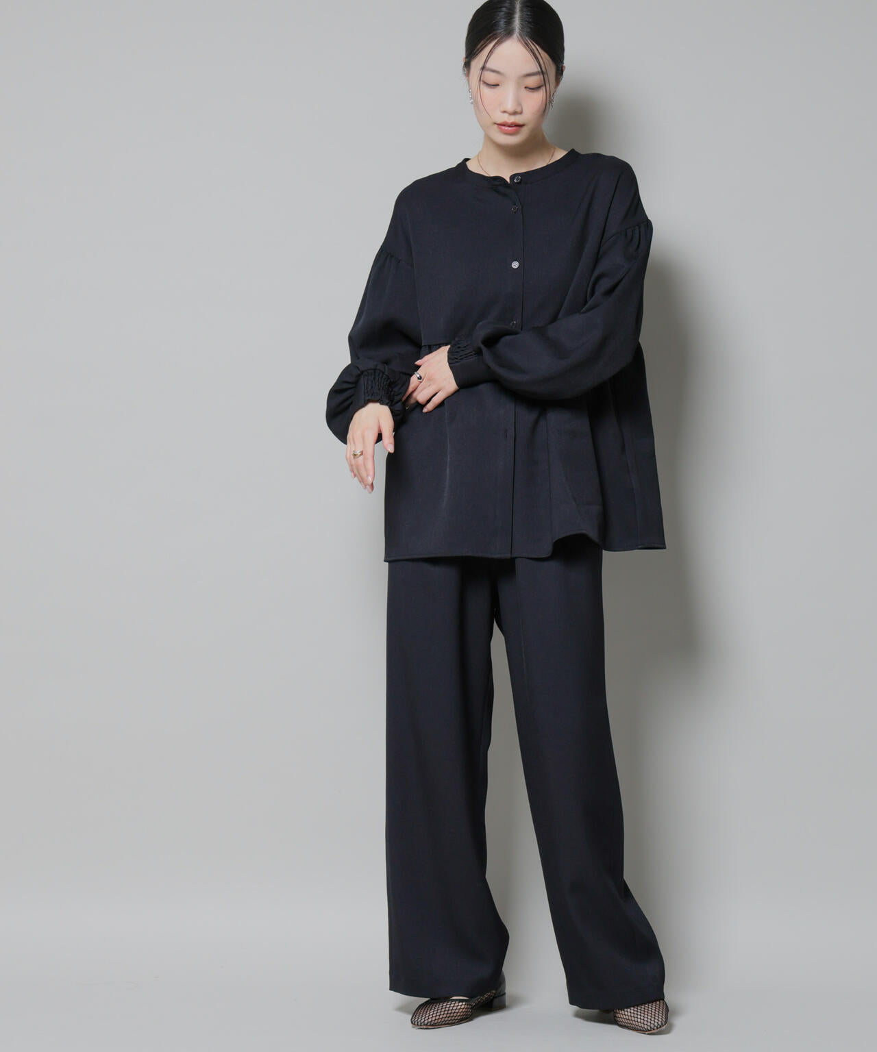 ウールライクポリエステルサイドライン切り替えドロストパンツ(セットアップ可) 6735227317