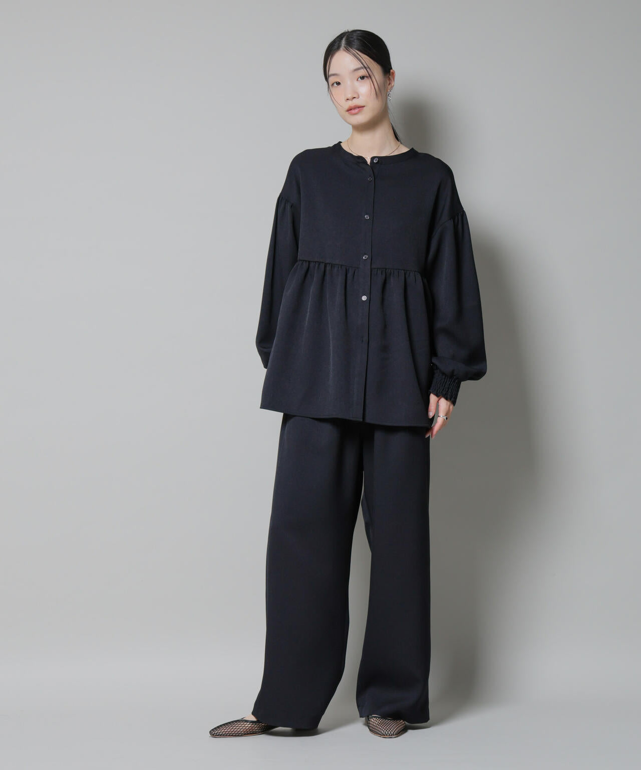 ウールライクポリエステルサイドライン切り替えドロストパンツ(セットアップ可) 6735227317