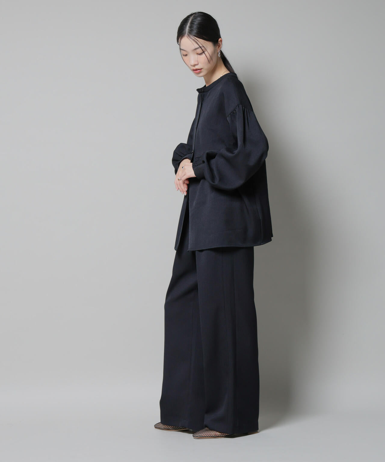 ウールライクポリエステルサイドライン切り替えドロストパンツ(セットアップ可) 6735227317