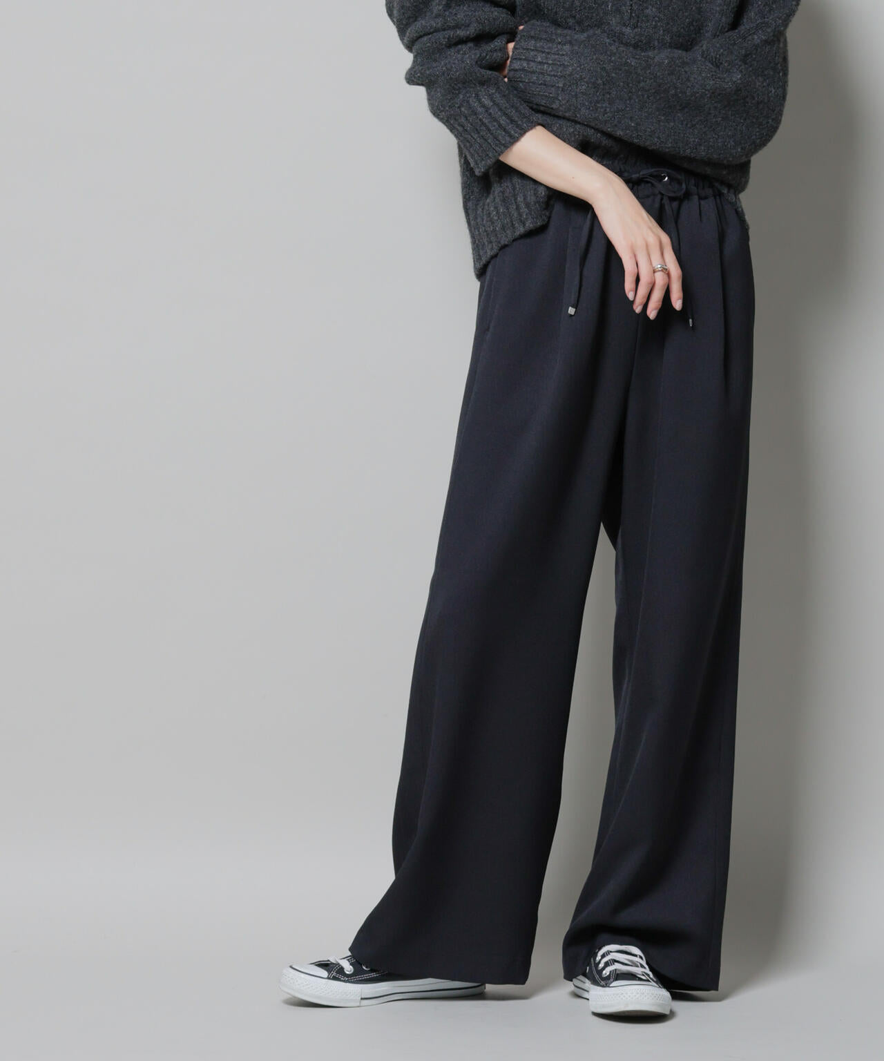 ウールライクポリエステルサイドライン切り替えドロストパンツ(セットアップ可) 6735227317