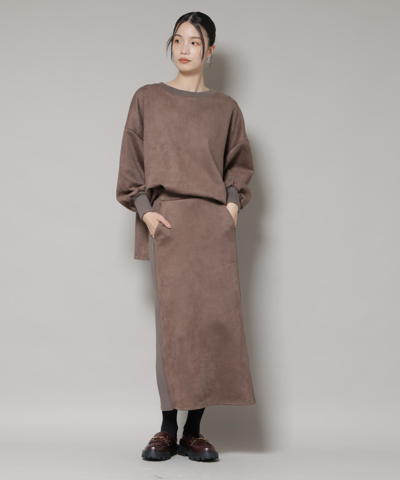 カットスエードサイドニットラインナロースカート(セットアップ可) 6735230313