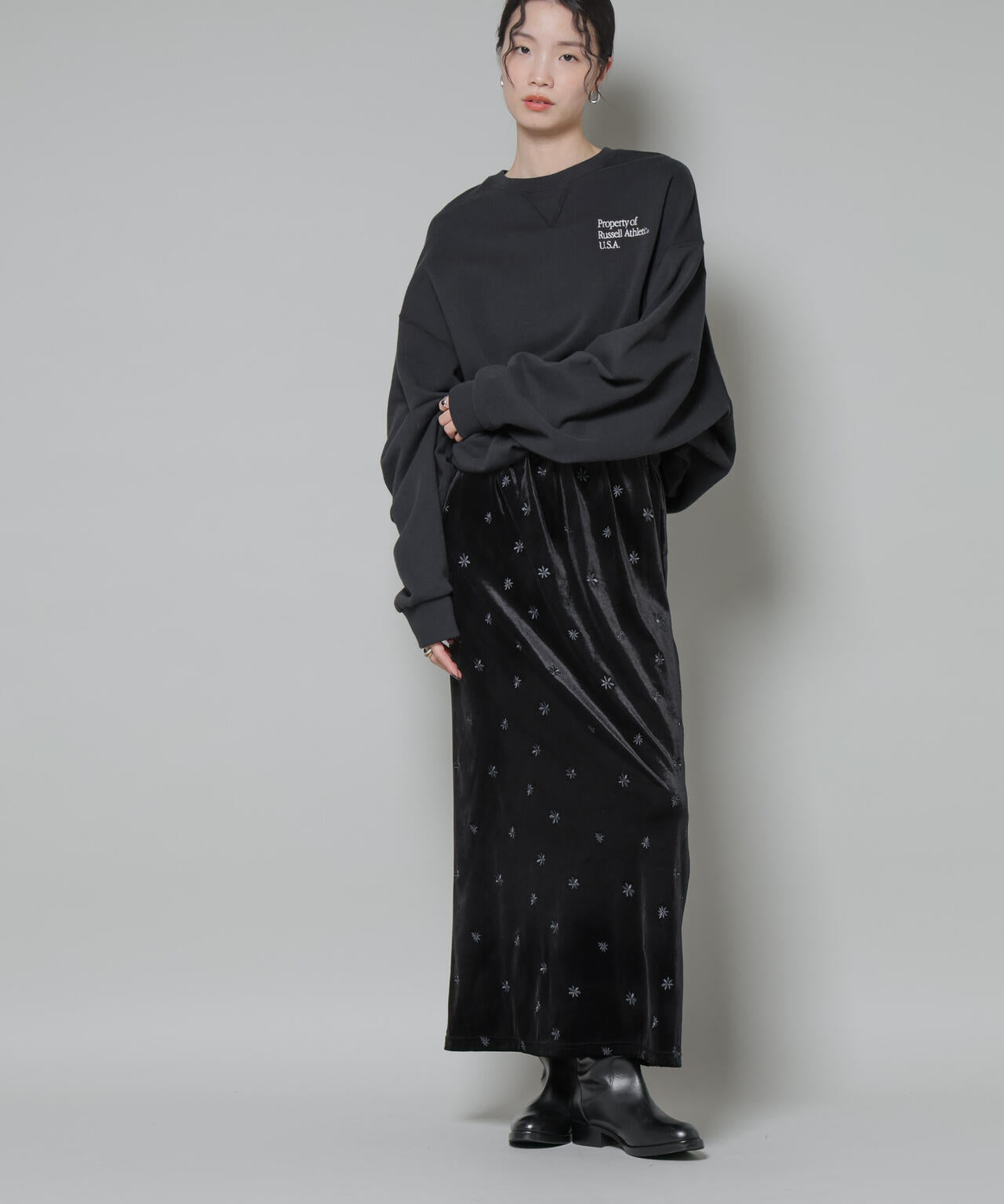 刺繍ベロアカットナロースカート(セットアップ可) 6735230320