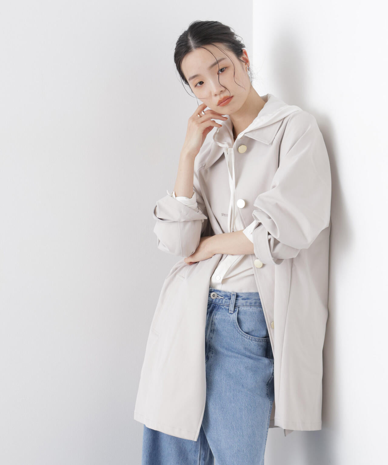 撥水加工ステンカラーミドルコート