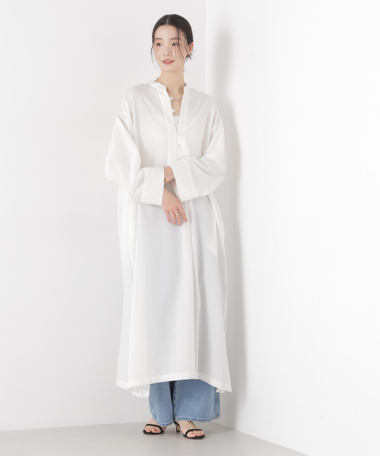 マシンウォッシャブルリネン混 スタンドカラーワンピース 6736119313