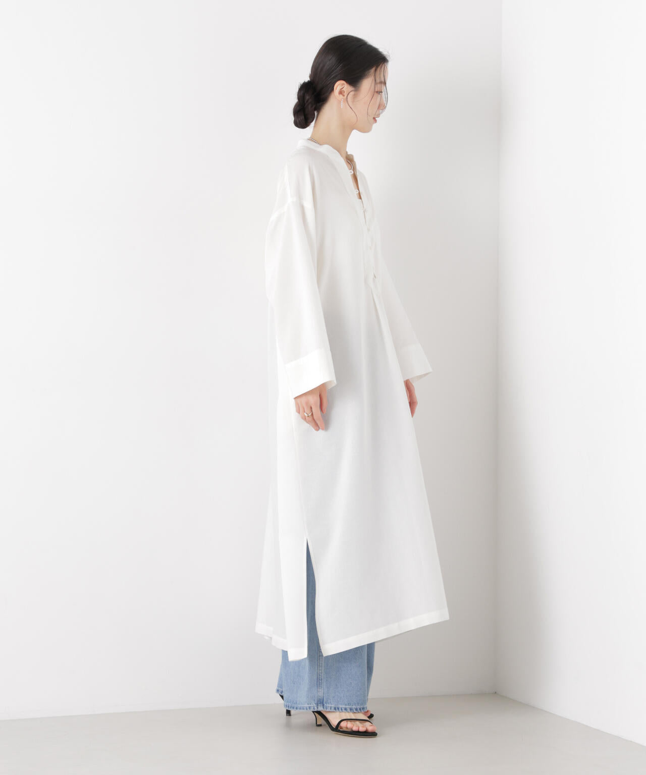 マシンウォッシャブルリネン混 スタンドカラーワンピース 6736119313