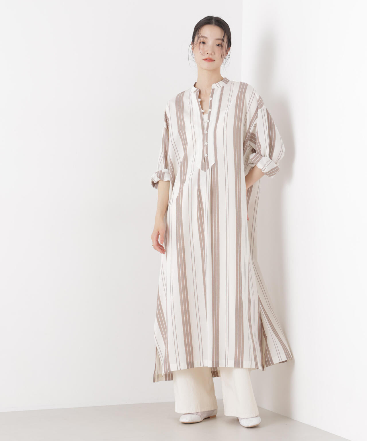 マシンウォッシャブルリネン混 スタンドカラーワンピース 6736119313