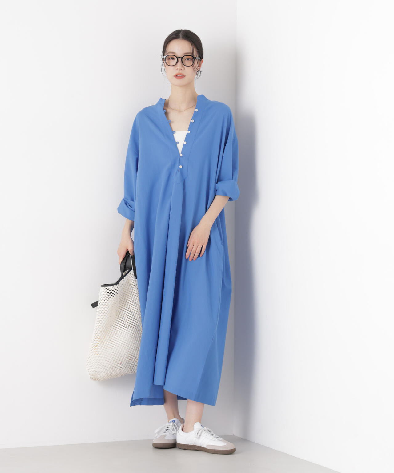 マシンウォッシャブルリネン混 スタンドカラーワンピース