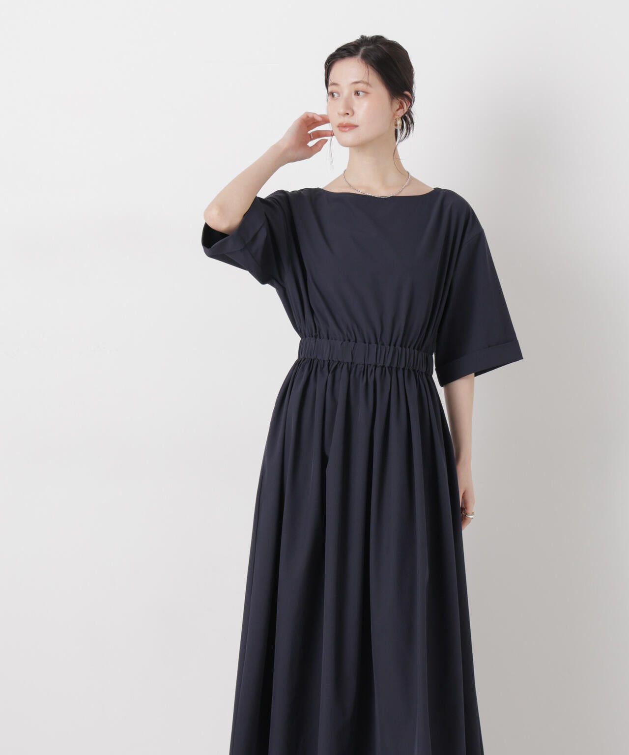 ウエストギャザーボートネックワンピース 6736119317