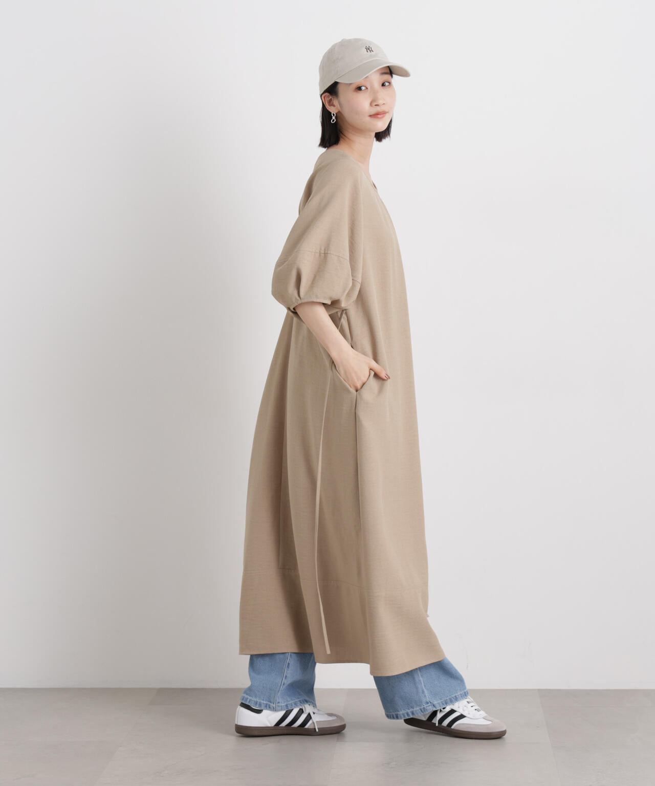 多機能リネンライク前後2wayランタンスリーブワンピース 6736119318