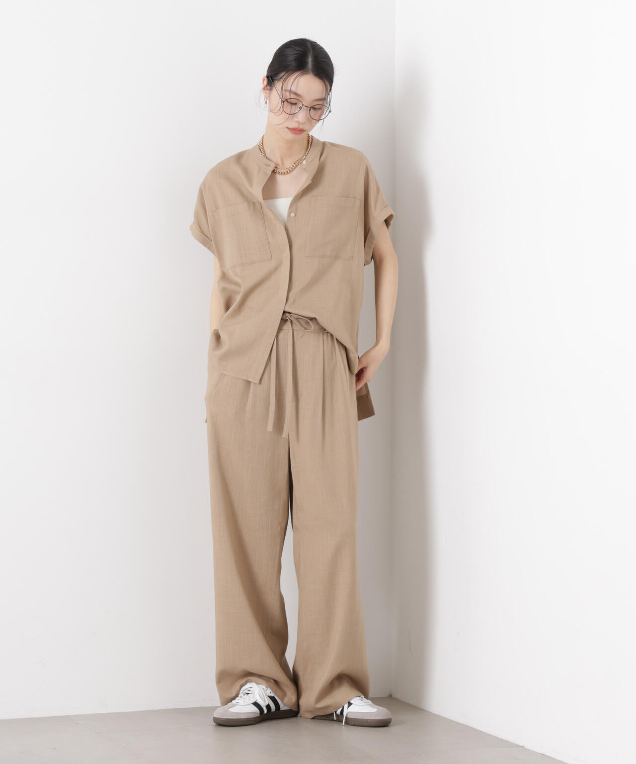 多機能リネン混スタンドカラードルマンフレンチスリーブシャツ(セットアップ可) 6736121304