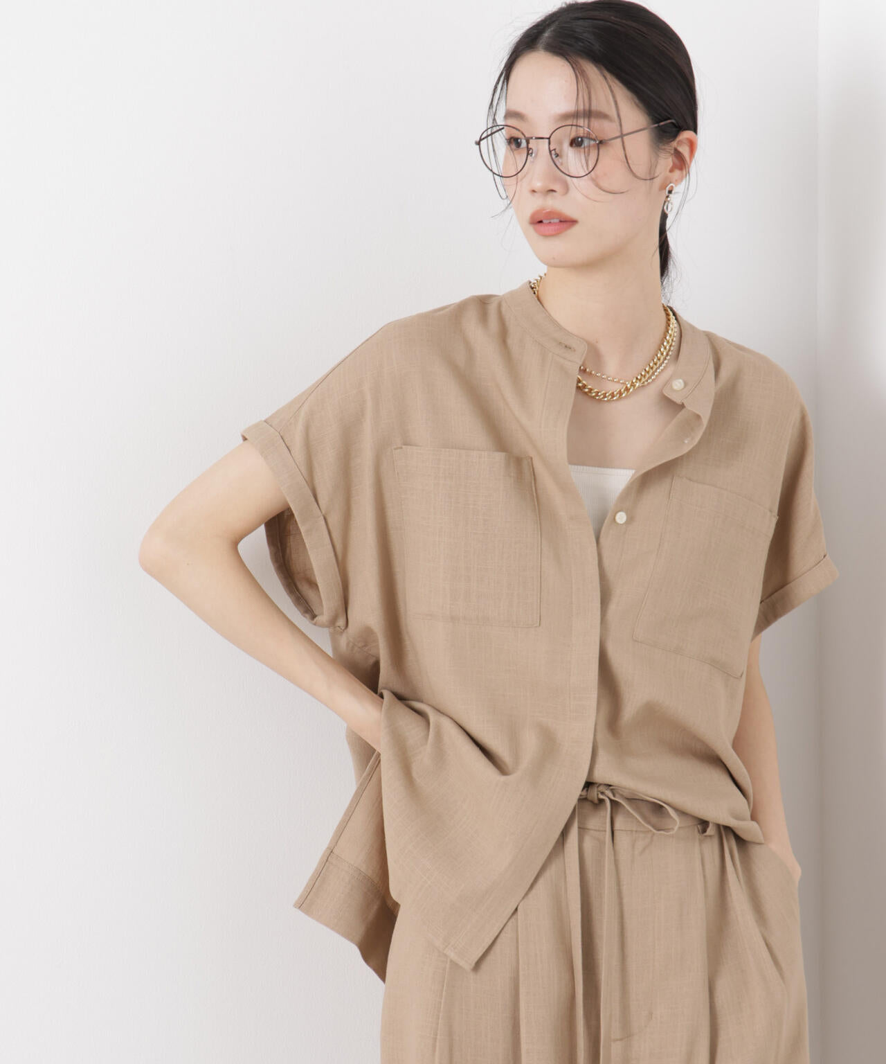多機能リネン混スタンドカラードルマンフレンチスリーブシャツ(セットアップ可)