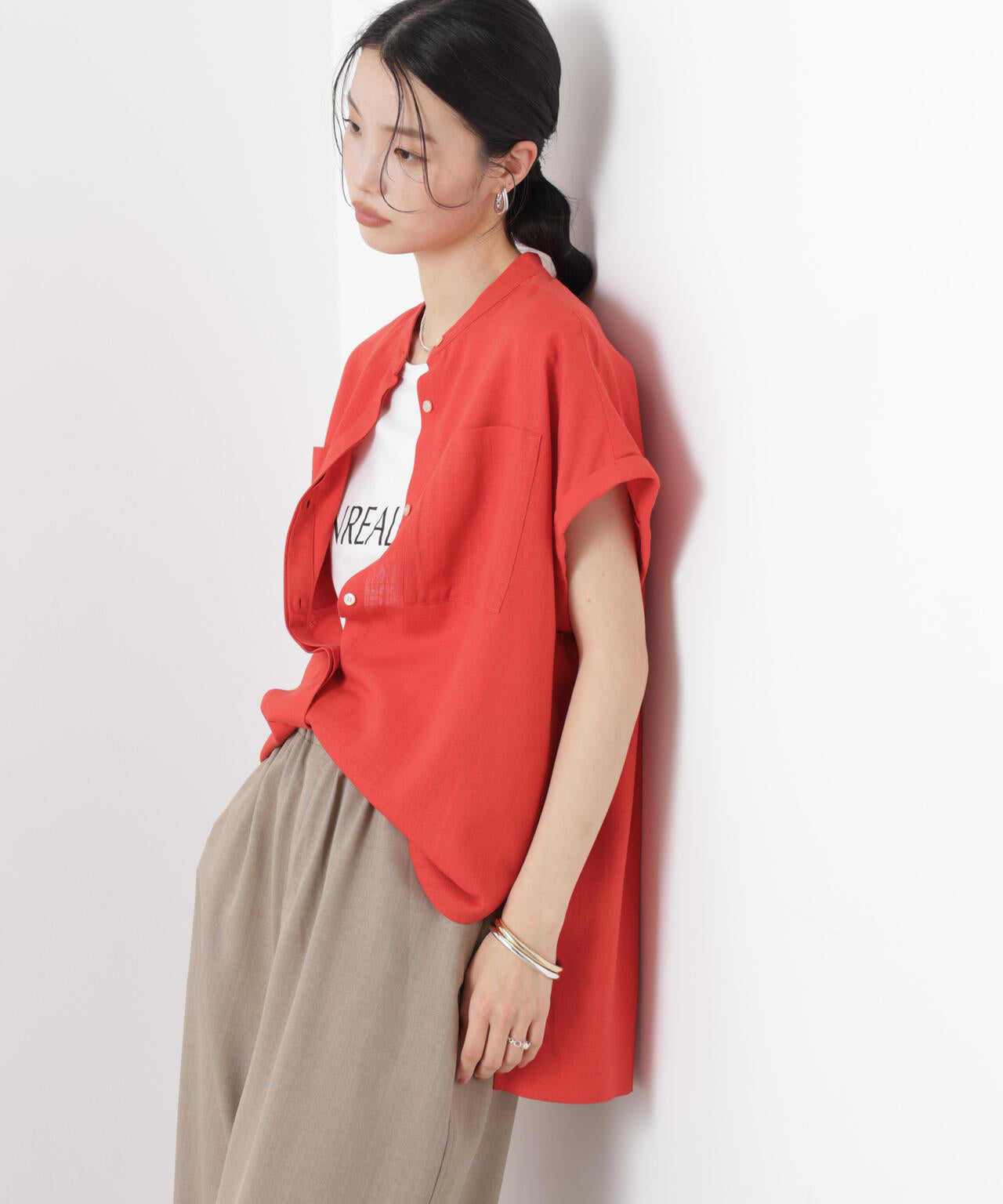 多機能リネン混スタンドカラードルマンフレンチスリーブシャツ(セットアップ可) 6736121304