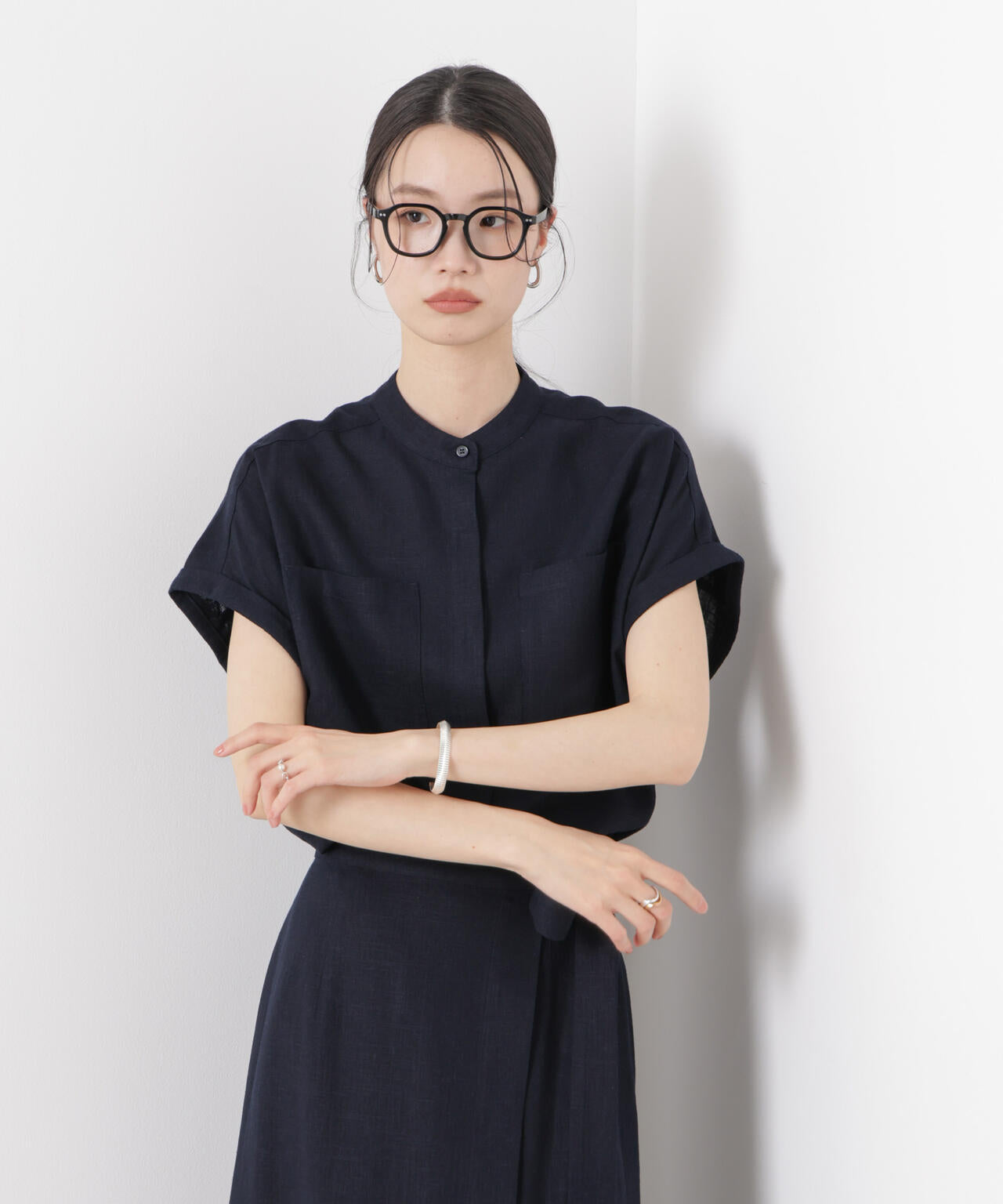 多機能リネン混スタンドカラードルマンフレンチスリーブシャツ(セットアップ可) 6736121304