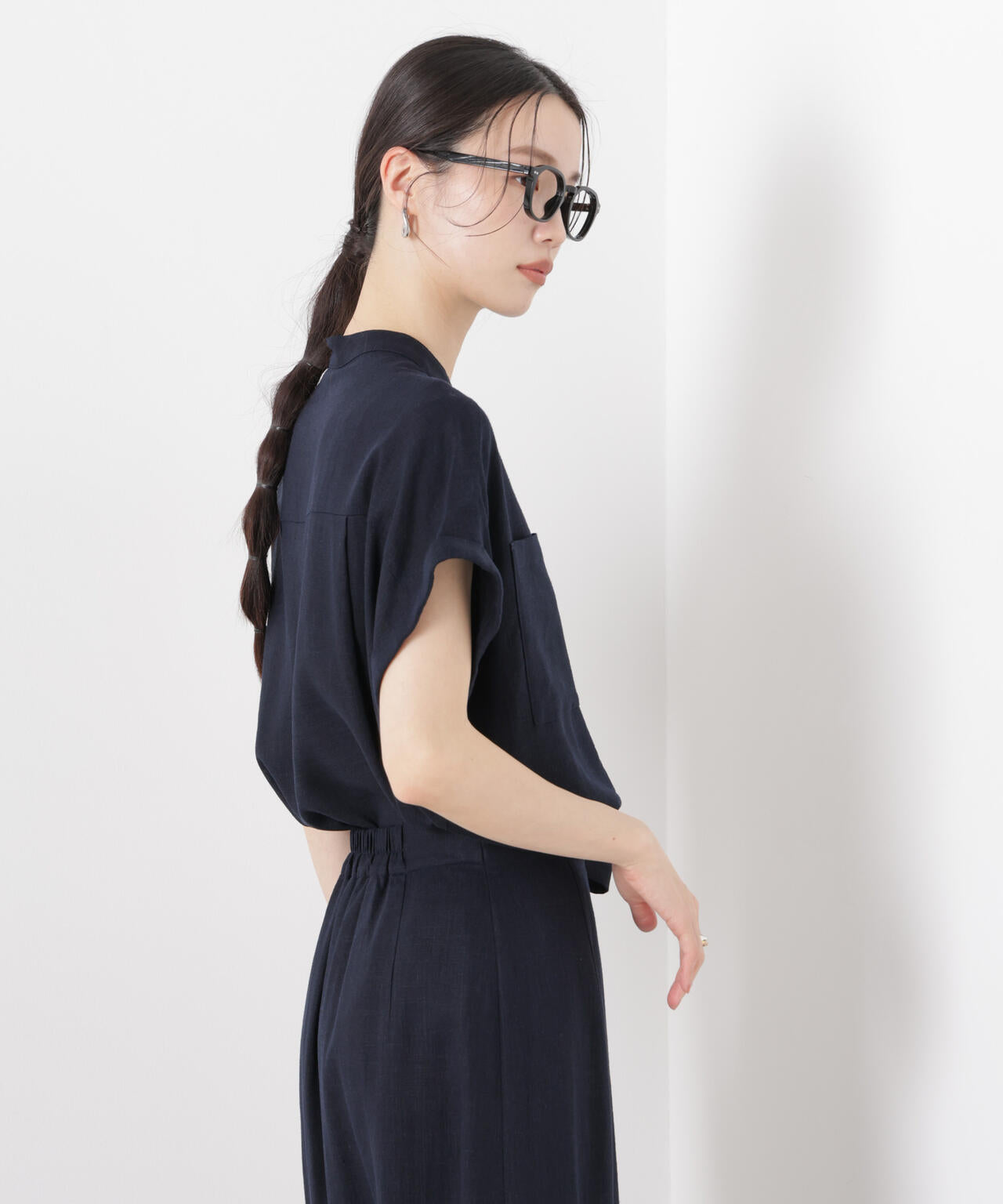 多機能リネン混スタンドカラードルマンフレンチスリーブシャツ(セットアップ可) 6736121304