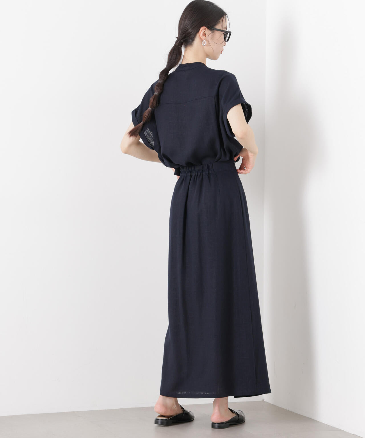 多機能リネン混スタンドカラードルマンフレンチスリーブシャツ(セットアップ可) 6736121304