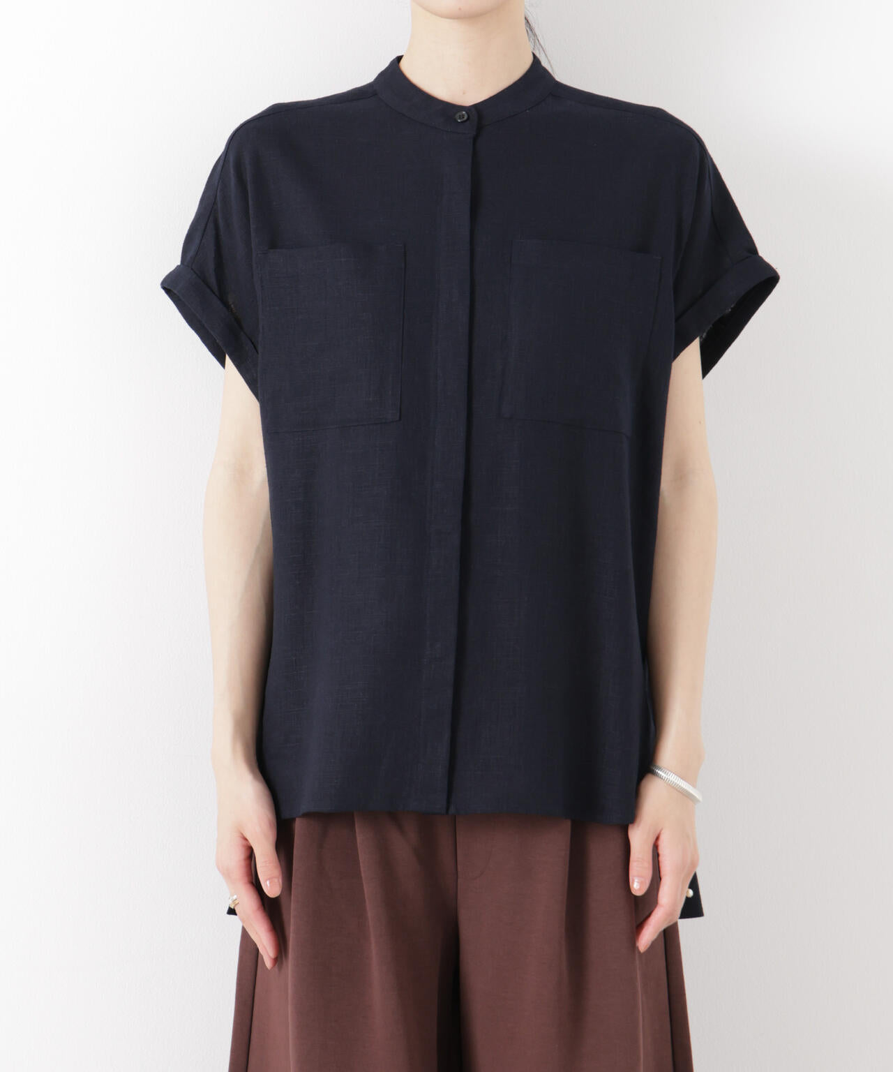 多機能リネン混スタンドカラードルマンフレンチスリーブシャツ(セットアップ可) 6736121304