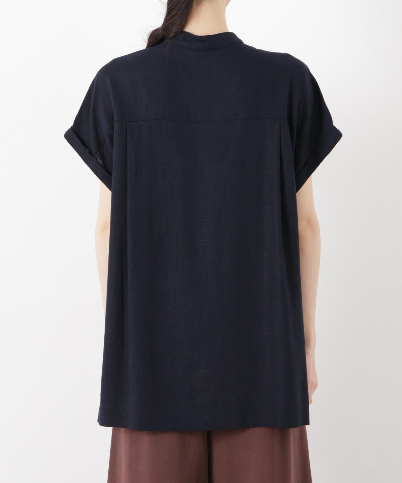 多機能リネン混スタンドカラードルマンフレンチスリーブシャツ(セットアップ可) 6736121304
