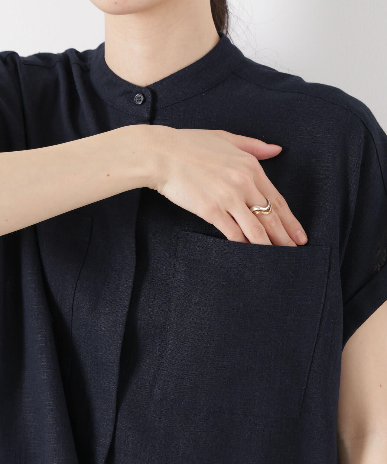 多機能リネン混スタンドカラードルマンフレンチスリーブシャツ(セットアップ可) 6736121304