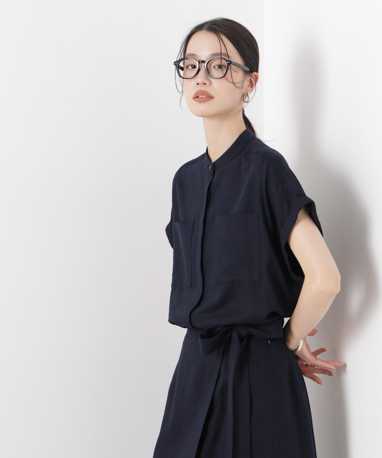 多機能リネン混スタンドカラードルマンフレンチスリーブシャツ(セットアップ可) 6736121304