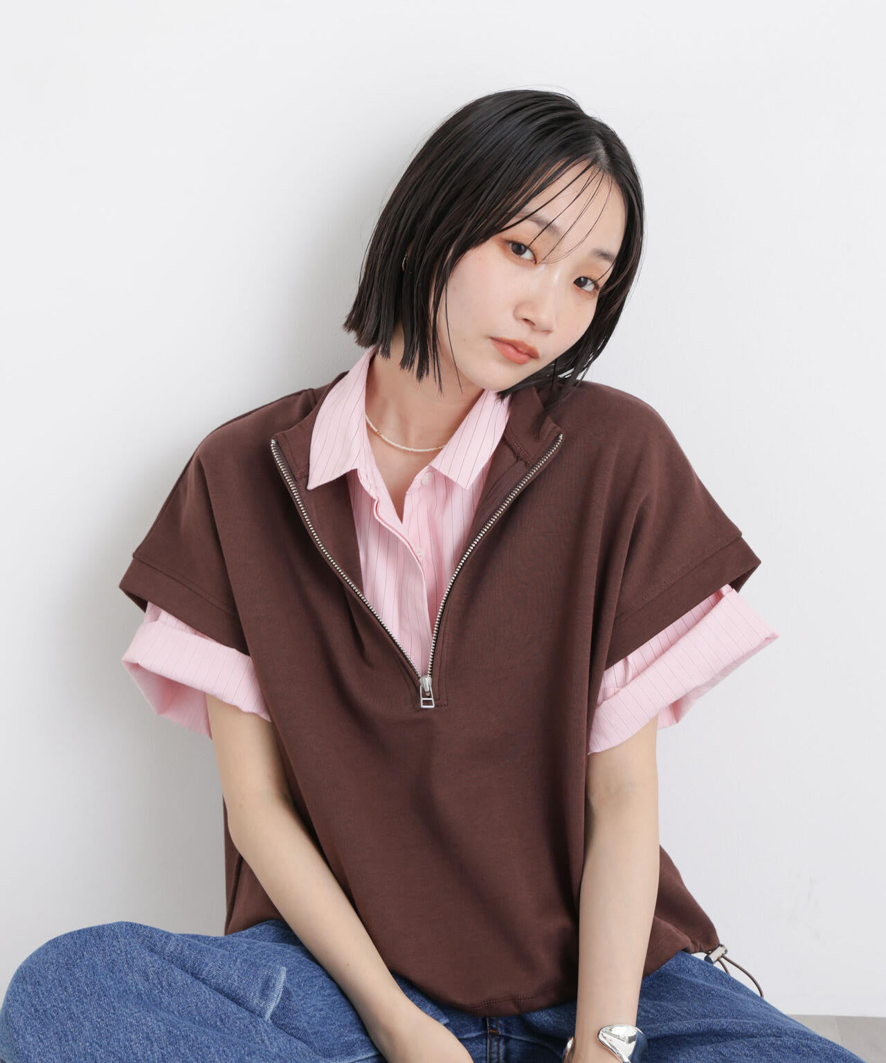 ドビーストライプクロップド半袖シャツ(セットアップ可) 6736121306