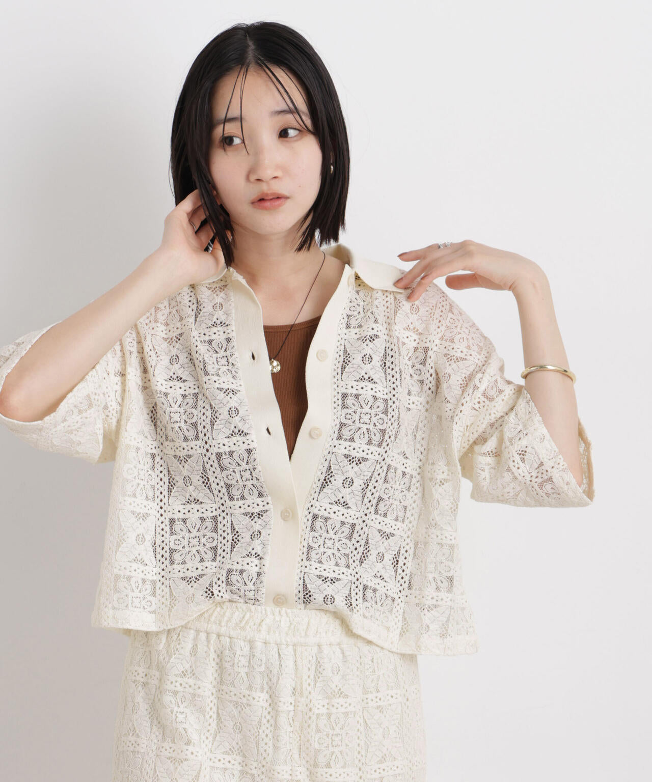 幾何柄レース半袖シャツ(セットアップ可)