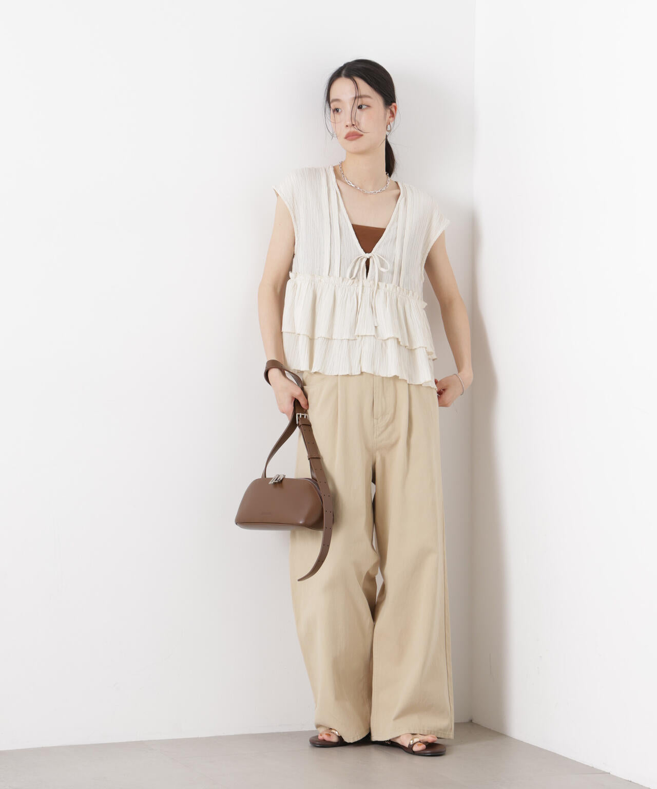 シャーリング楊柳ティアードフリルブラウス 6736121313