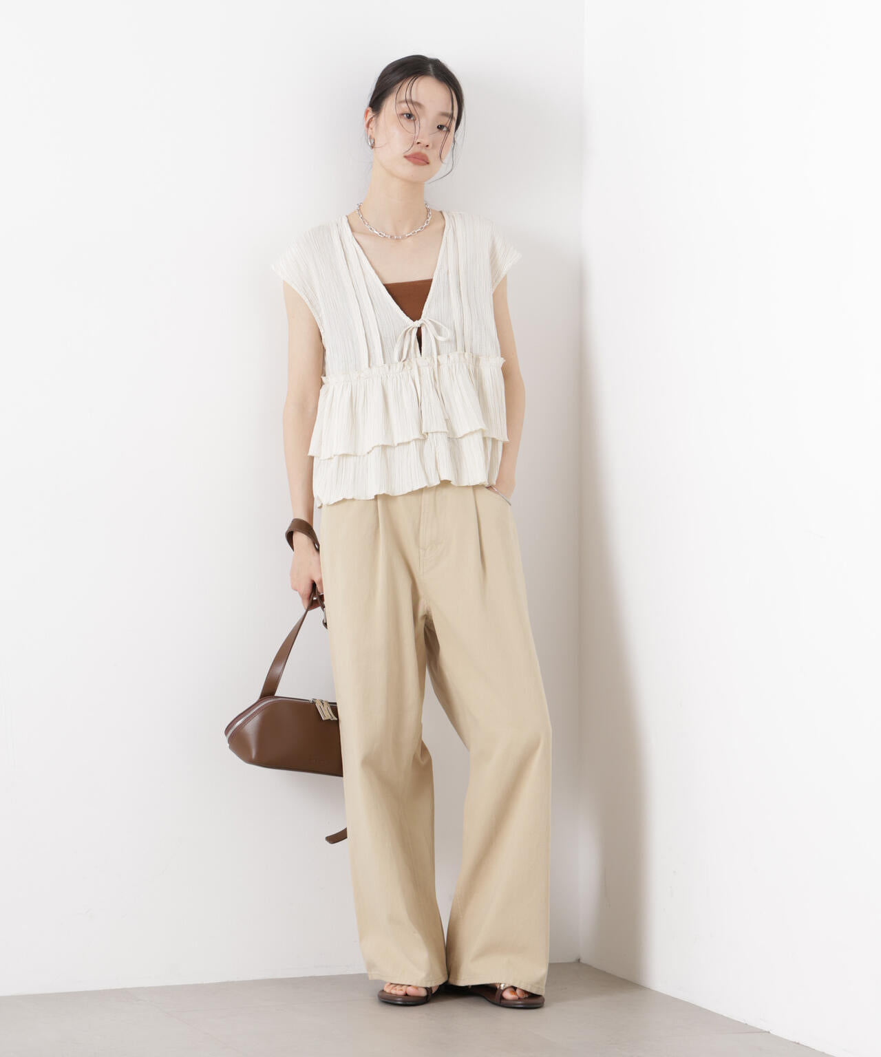 シャーリング楊柳ティアードフリルブラウス 6736121313