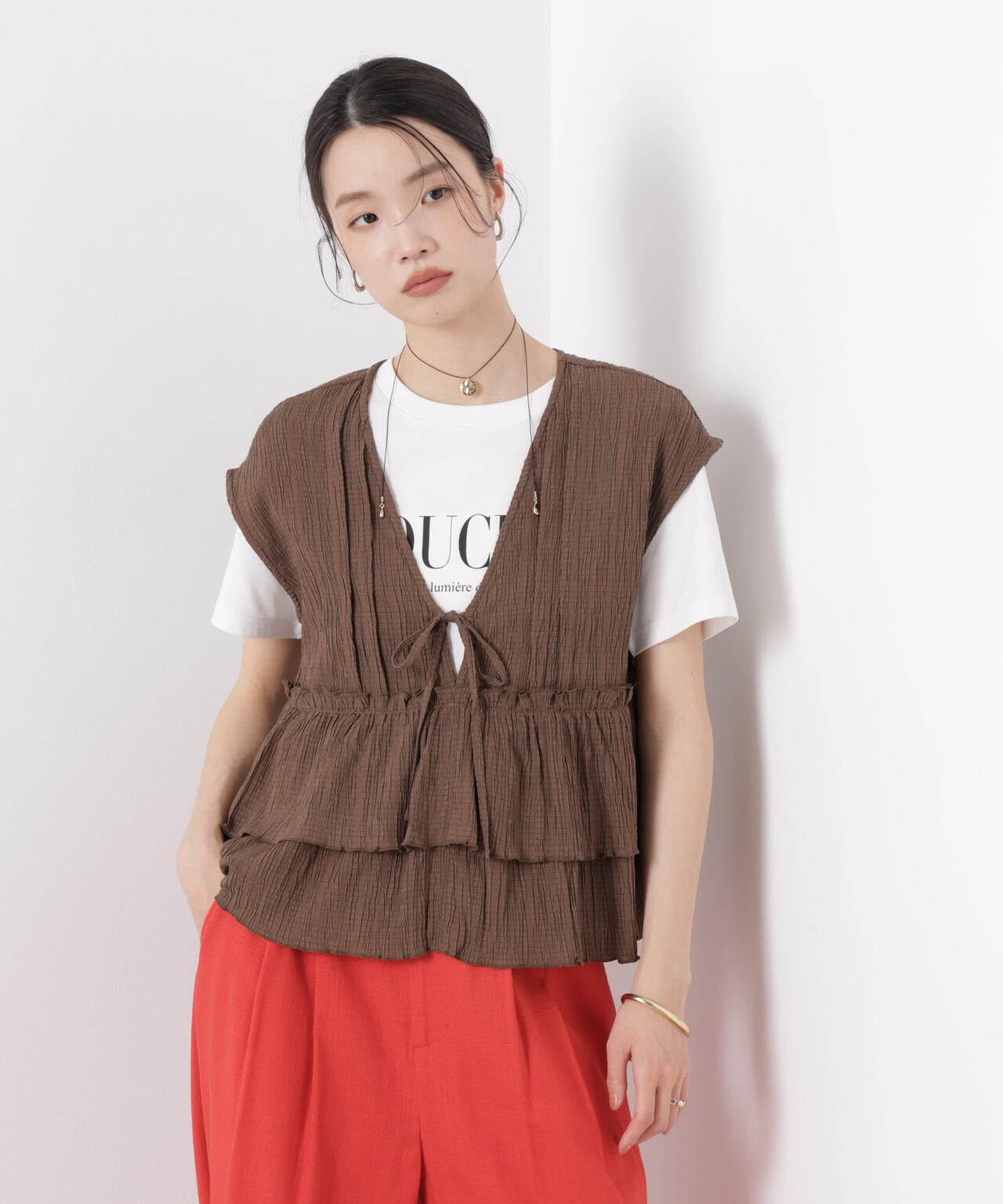 シャーリング楊柳ティアードフリルブラウス 6736121313