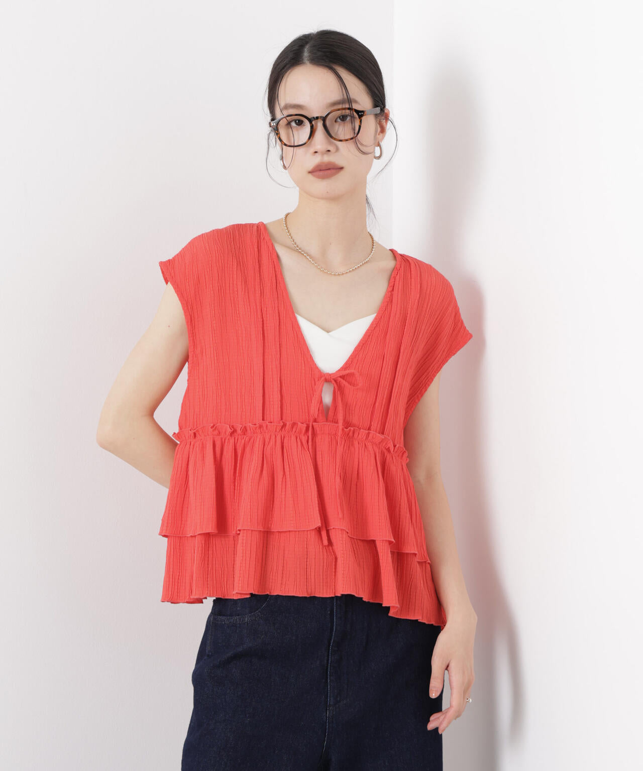 シャーリング楊柳ティアードフリルブラウス 6736121313