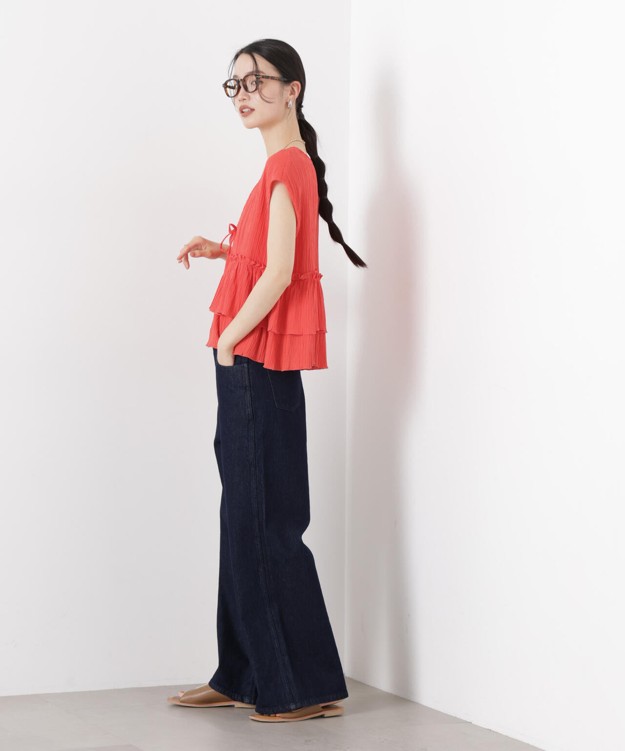 シャーリング楊柳ティアードフリルブラウス 6736121313